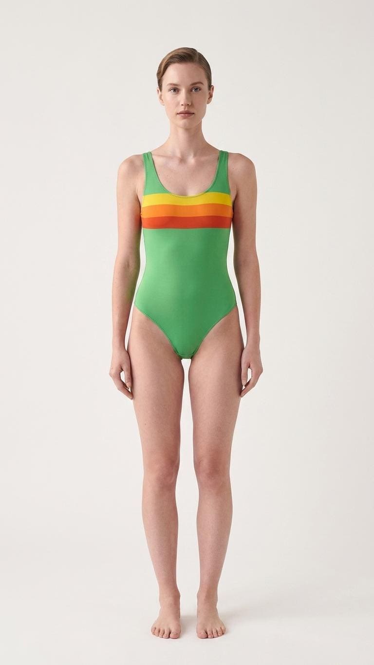 Classic Retro Striped One-Piece Swimsuit | Surf Swimwear | High-Leg | Green