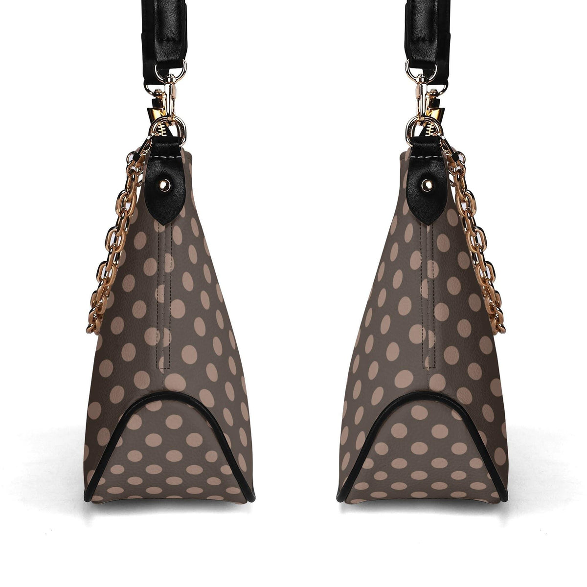 Retro Brown Polka Dot Printed Shoulder Bag, Rustic Boho Vegan Leather Handbag with Chain