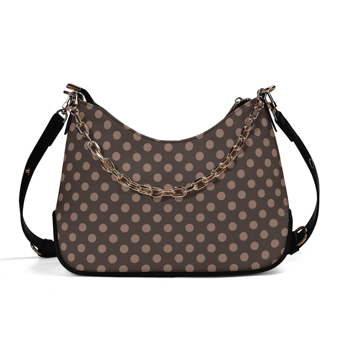 Retro Brown Polka Dot Printed Shoulder Bag, Rustic Boho Vegan Leather Handbag with Chain
