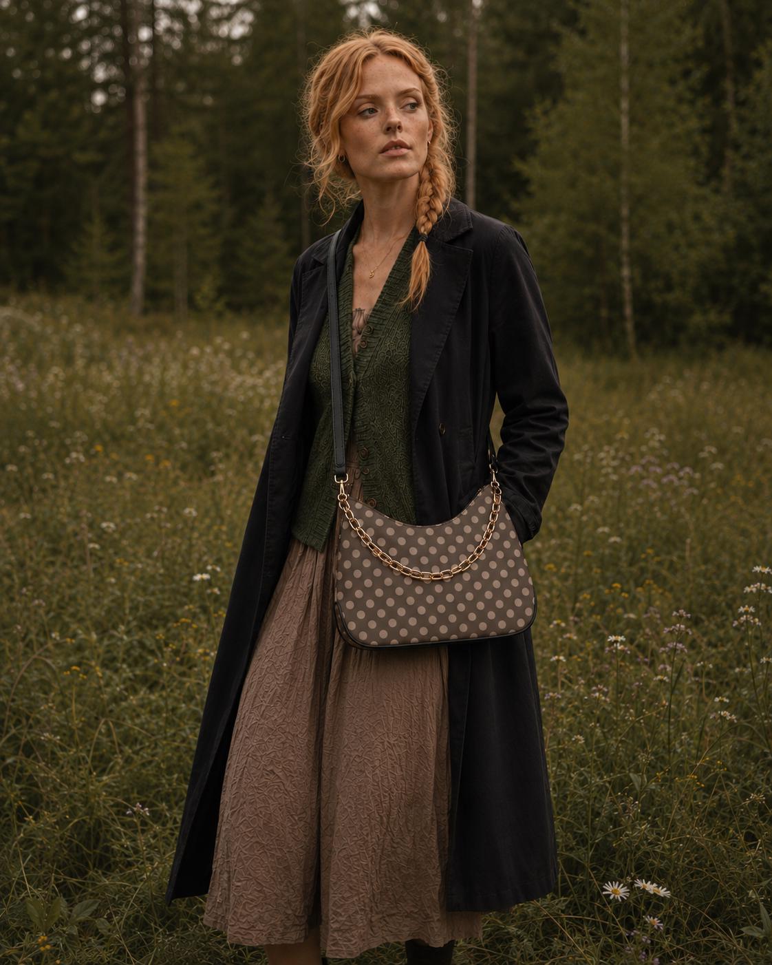 Retro Brown Polka Dot Printed Shoulder Bag, Rustic Boho Vegan Leather Handbag with Chain