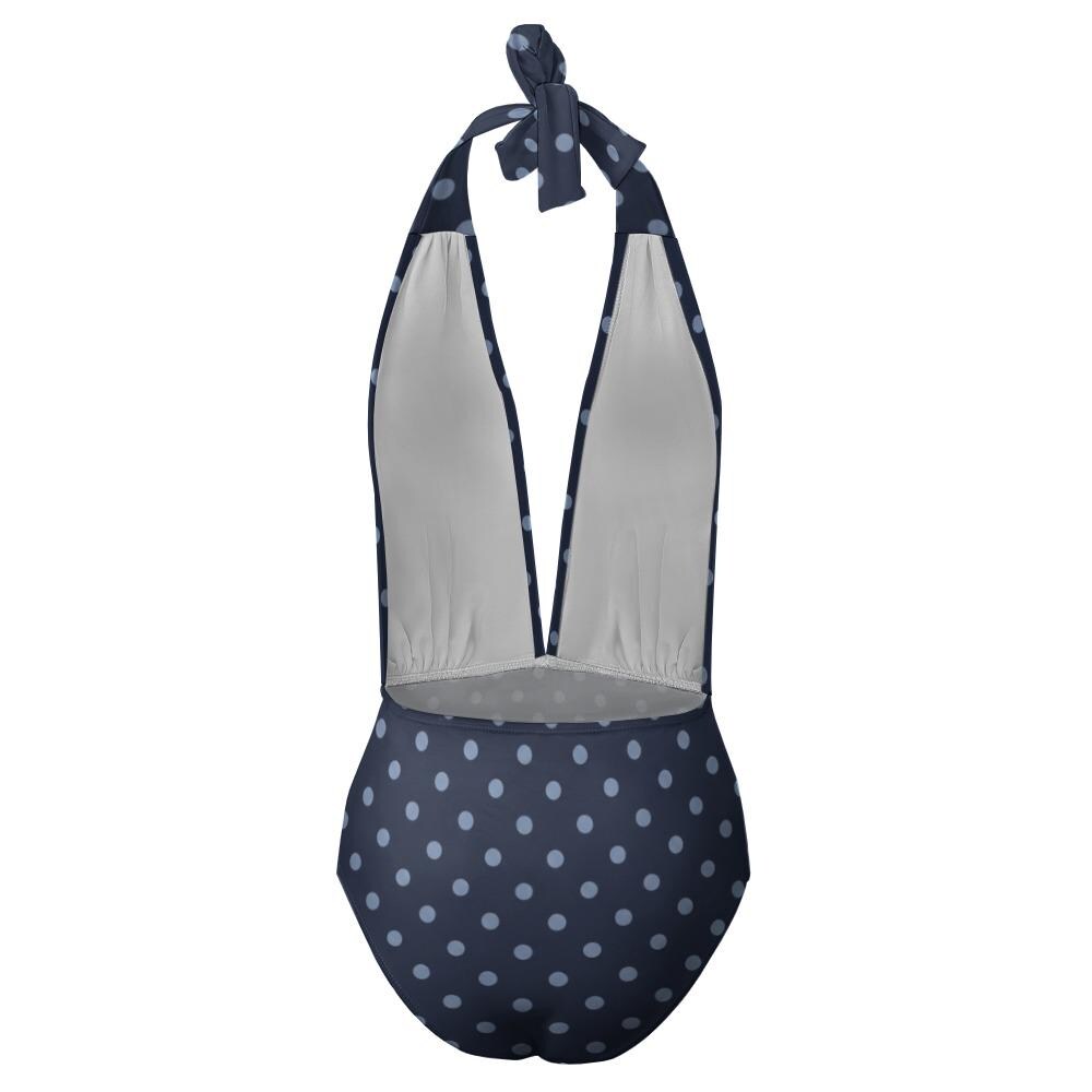 Monroe Retro Deep V-Plunge Halter One-Piece Swimsuit - High-Waist Sexy Swimwear - Navy Blue Polka Dot