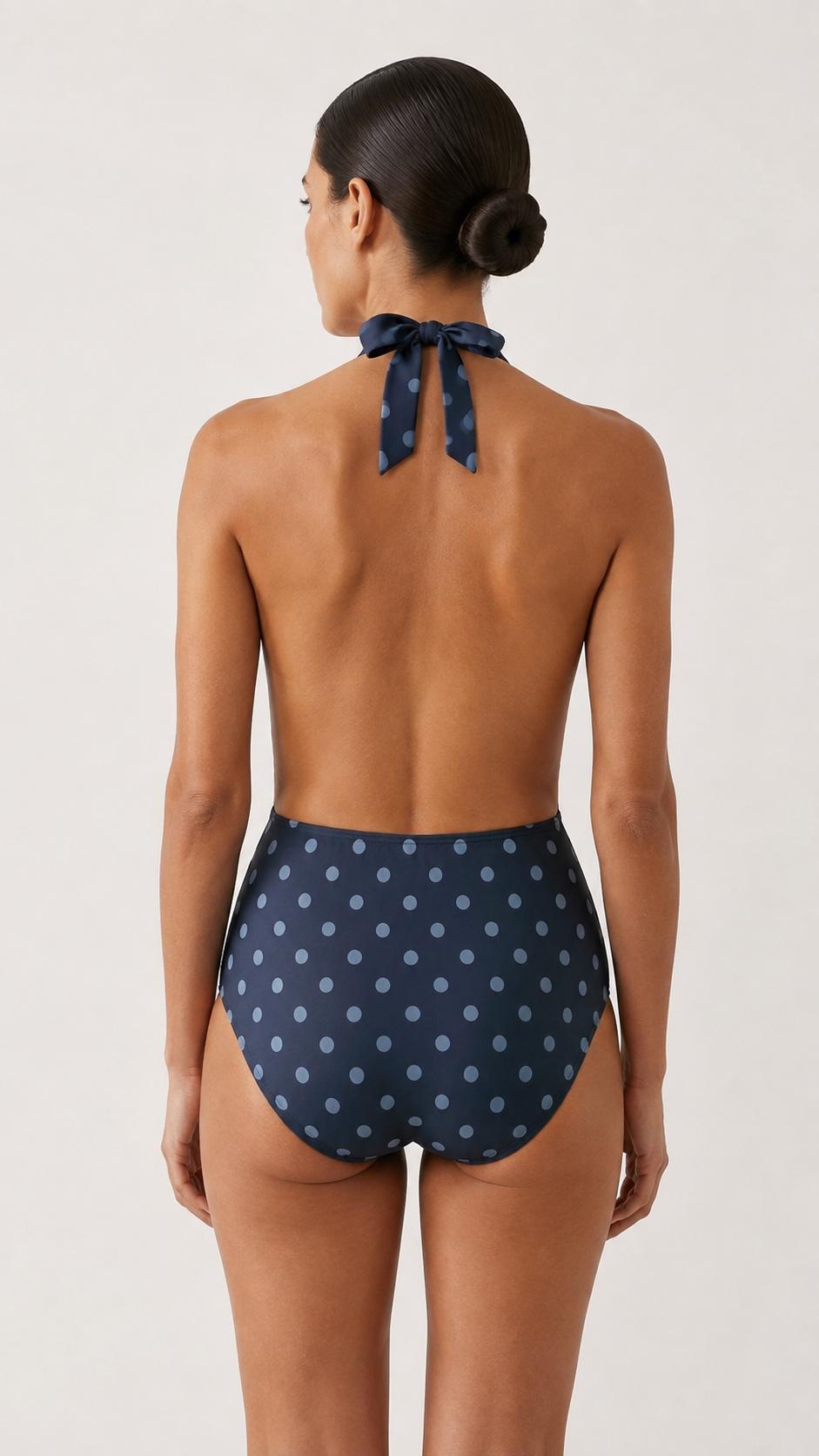 Monroe Retro Deep V-Plunge Halter One-Piece Swimsuit - High-Waist Sexy Swimwear - Navy Blue Polka Dot