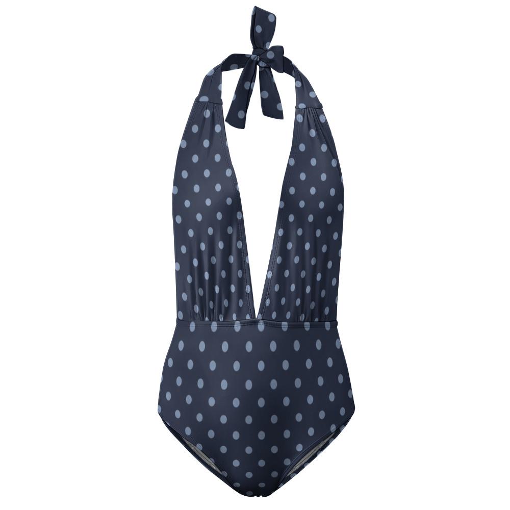 Monroe Retro Deep V-Plunge Halter One-Piece Swimsuit - High-Waist Sexy Swimwear - Navy Blue Polka Dot