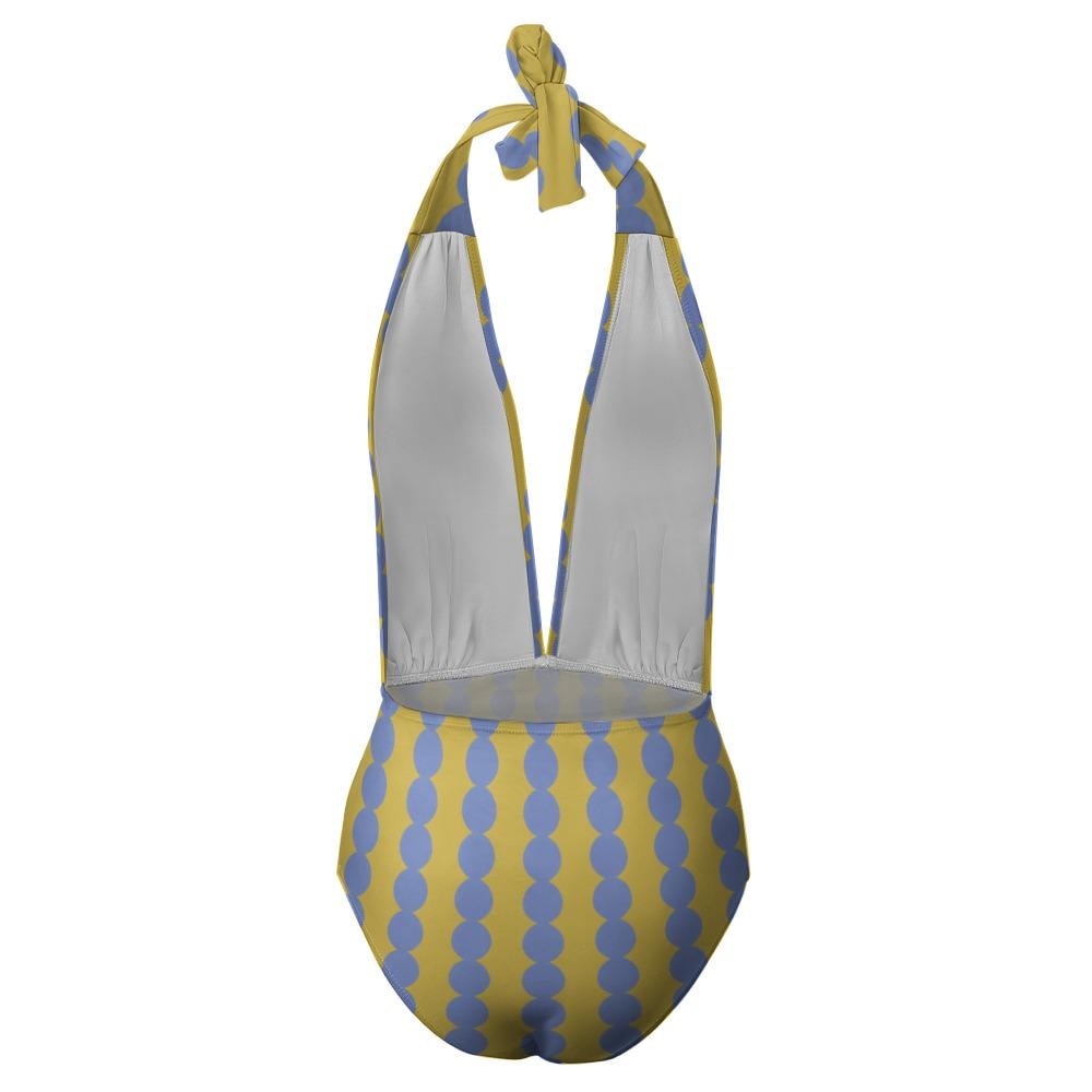 Retro Monroe Bold Mustard & Periwinkle Mod-Style Mid-Century Halter Plunge One-Piece Swimsuit