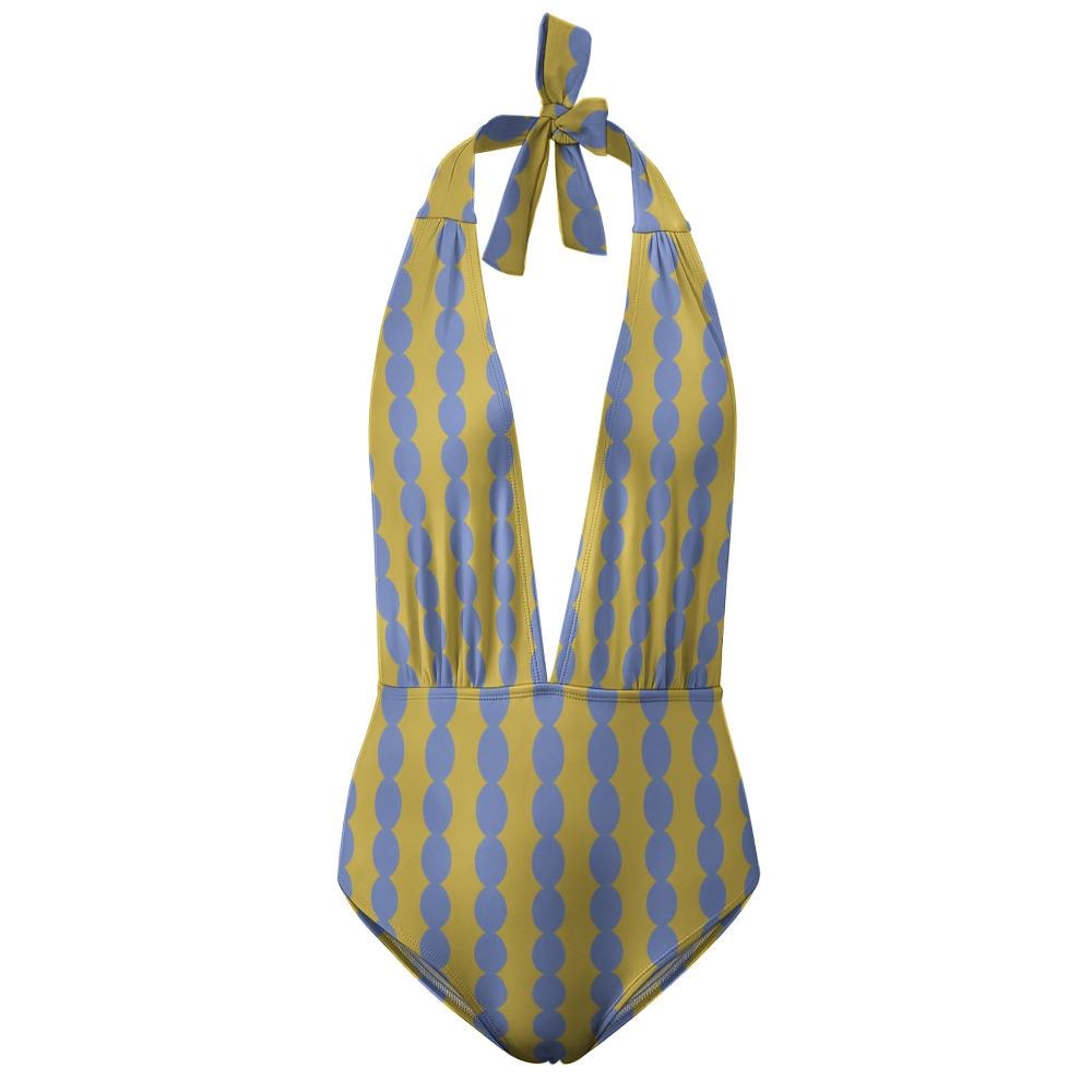Retro Monroe Bold Mustard & Periwinkle Mod-Style Mid-Century Halter Plunge One-Piece Swimsuit