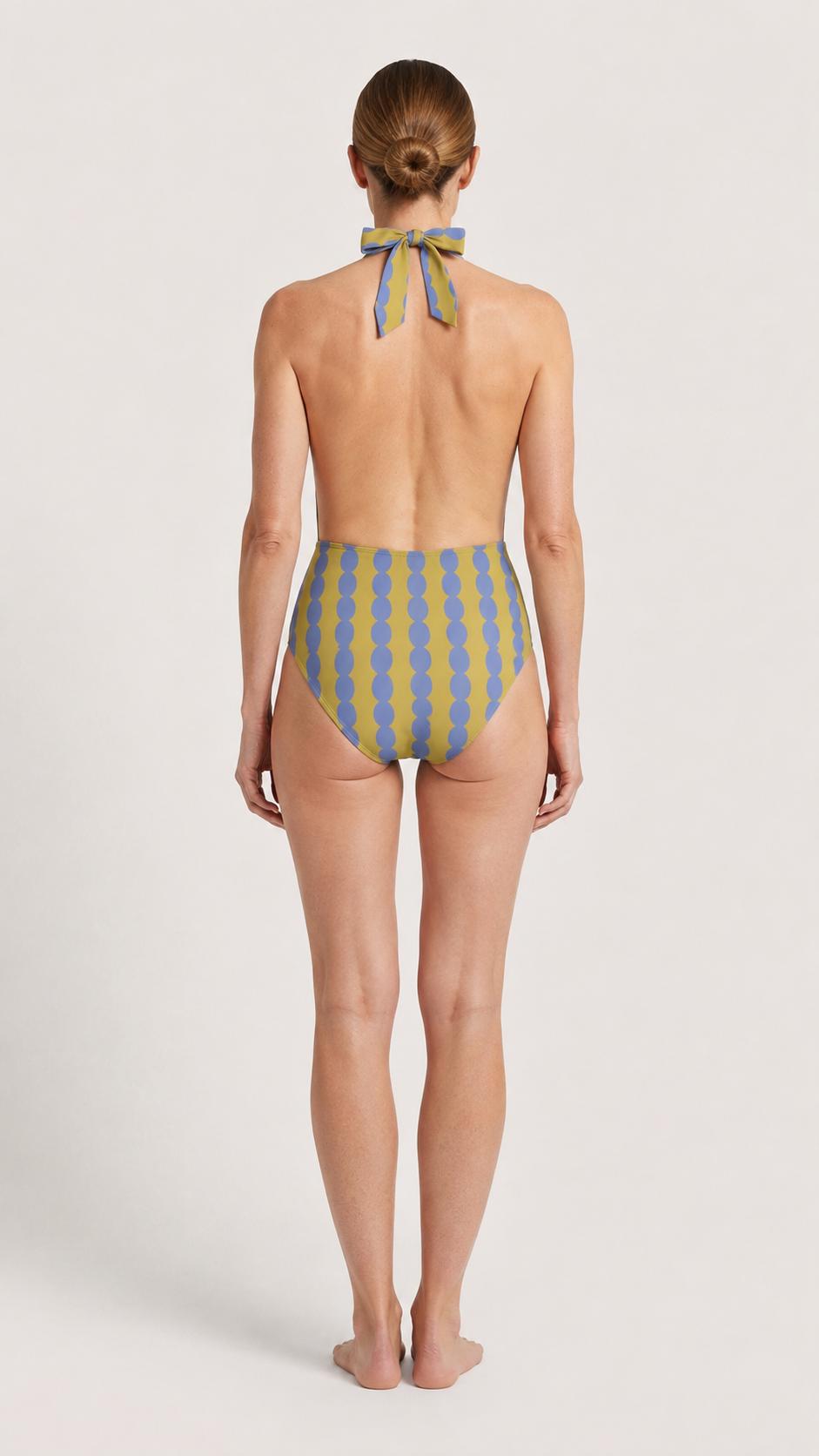 Retro Monroe Bold Mustard & Periwinkle Mod-Style Mid-Century Halter Plunge One-Piece Swimsuit