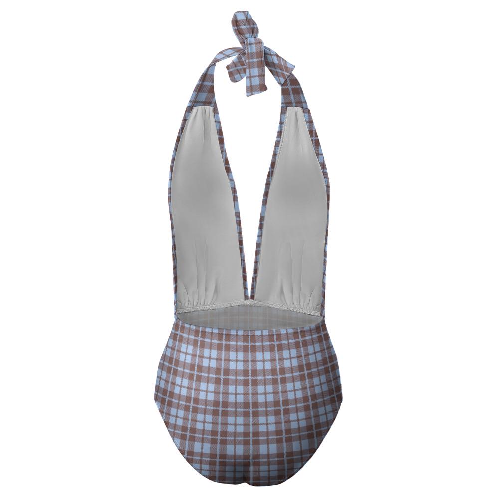 Monroe Retro V-Plunge Halter One-Piece Swimsuit - High-Waist Sexy Swimwear - Azure & Brown Plaid