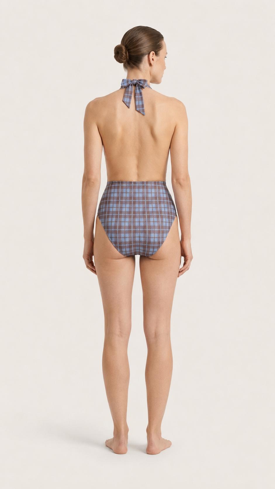 Monroe Retro V-Plunge Halter One-Piece Swimsuit - High-Waist Sexy Swimwear - Azure & Brown Plaid