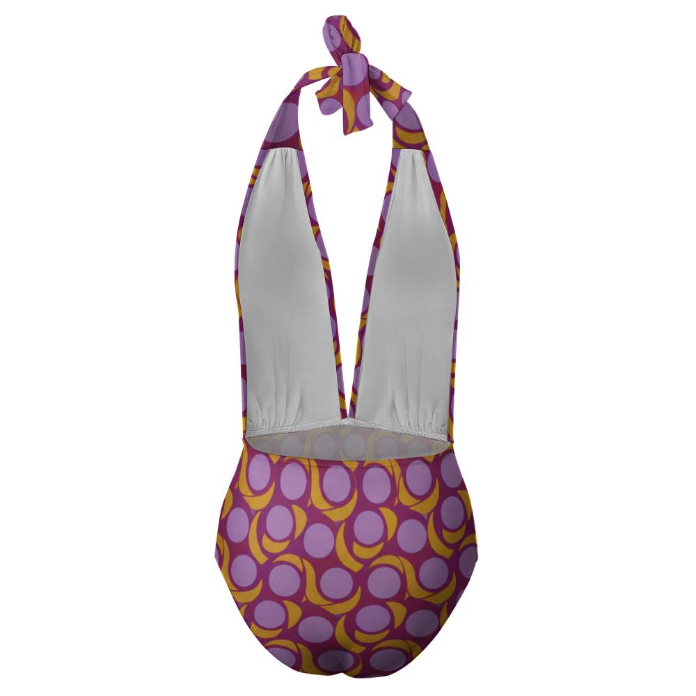 Retro Monroe Bold Purple Mod-Style Mid-Century Halter Plunge One-Piece Swimsuit