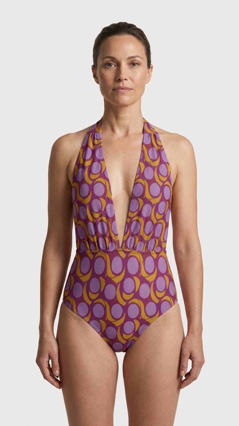 Retro Monroe Bold Purple Mod-Style Mid-Century Halter Plunge One-Piece Swimsuit