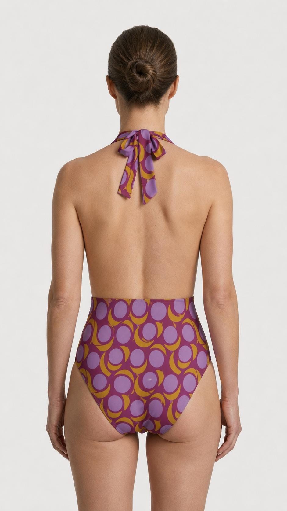 Retro Monroe Bold Purple Mod-Style Mid-Century Halter Plunge One-Piece Swimsuit