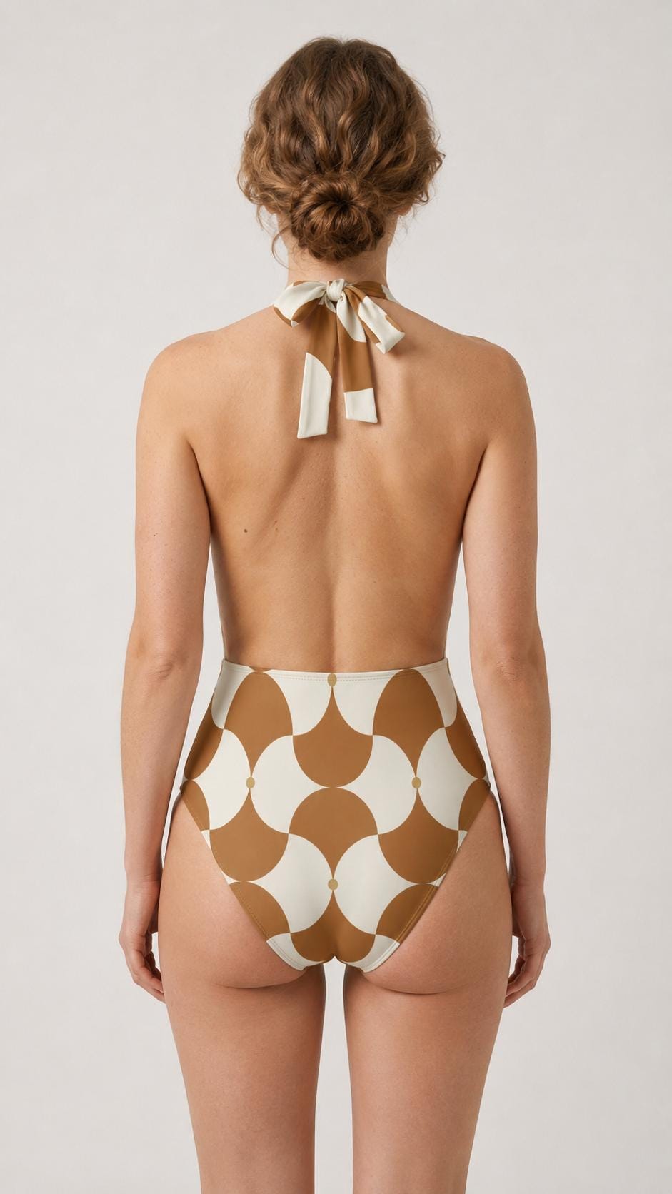 Retro Monroe Caramel Mod-Style Mid-Century Halter Plunge One-Piece Swimsuit