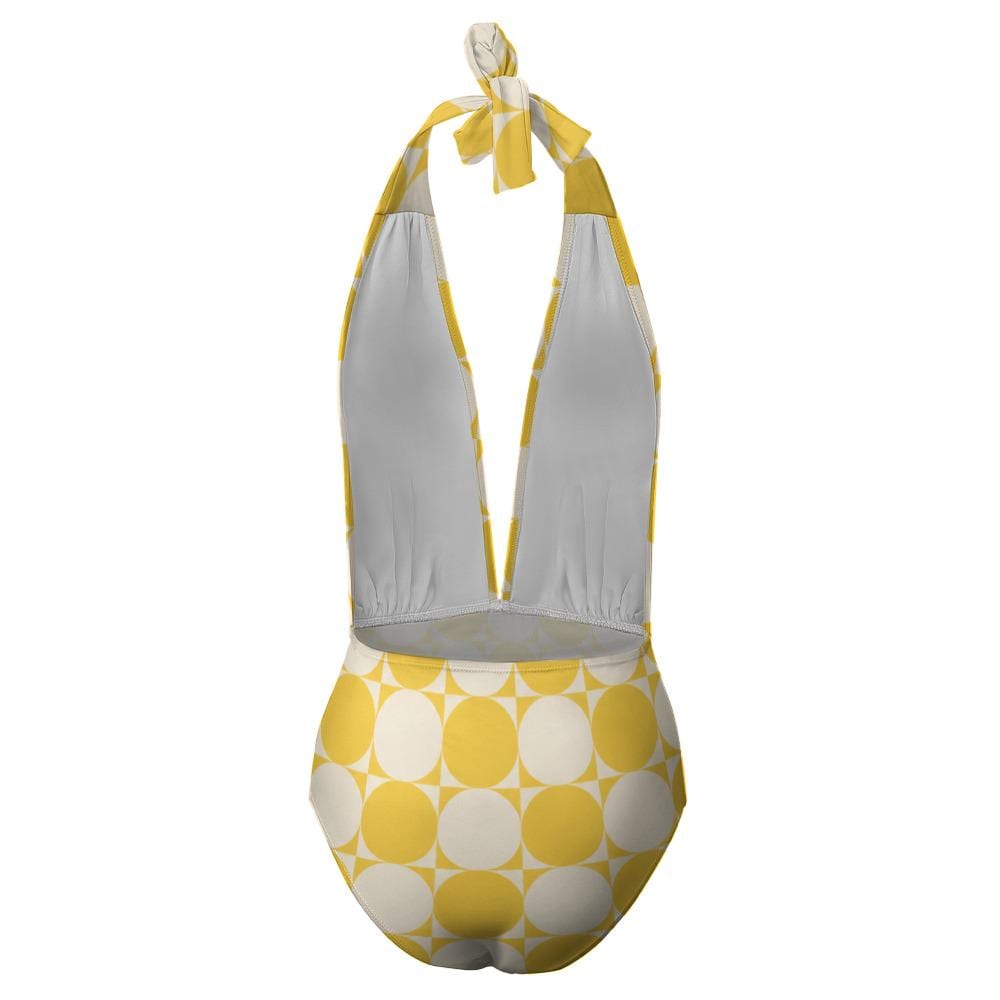 Retro Monroe Yellow Mod-Style Mid-Century Halter Plunge One-Piece Swimsuit