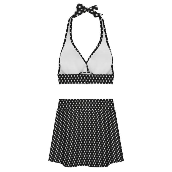 Black Polka Dot Retro Halter Tankini Skort Swim Set with Integrated Bottoms