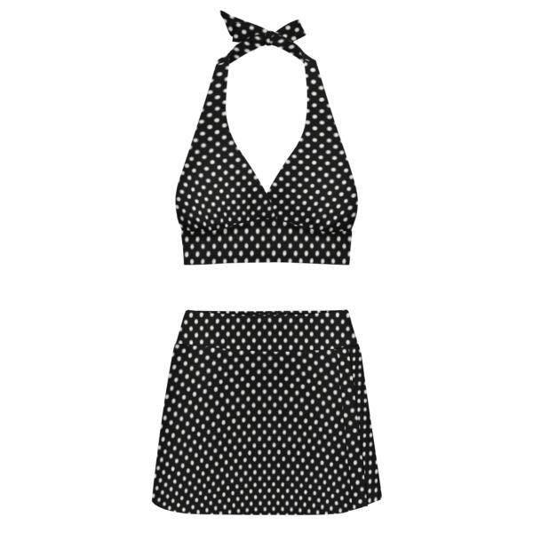 Black Polka Dot Retro Halter Tankini Skort Swim Set with Integrated Bottoms