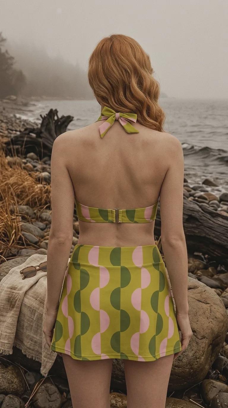 Green & Pink Vintage Mid-Century Mod Retro Halter Tankini Skort Swim Set -Integrated Bottoms