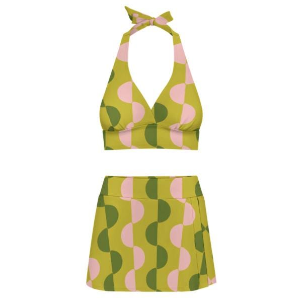 Green & Pink Vintage Mid-Century Mod Retro Halter Tankini Skort Swim Set -Integrated Bottoms