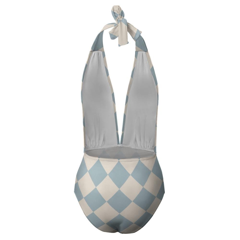 Retro Monroe Blue Diamonds Mid-Century Halter Plunge One-Piece Swimsuit