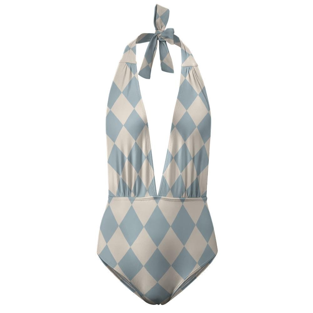 Retro Monroe Blue Diamonds Mid-Century Halter Plunge One-Piece Swimsuit