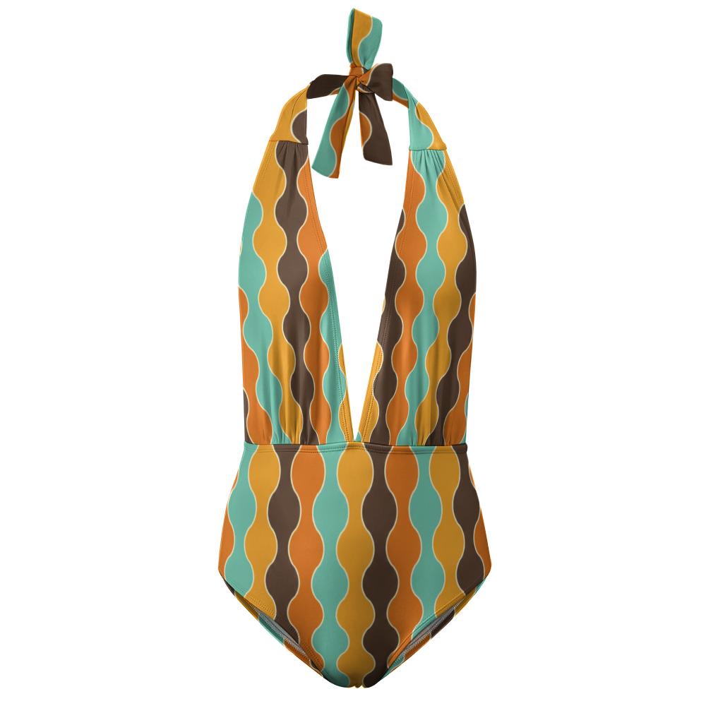 Retro Monroe Mid-Century Hourglass Pattern in Vintage 1970s Colours - Halter Plunge One-Piece Swimsuit