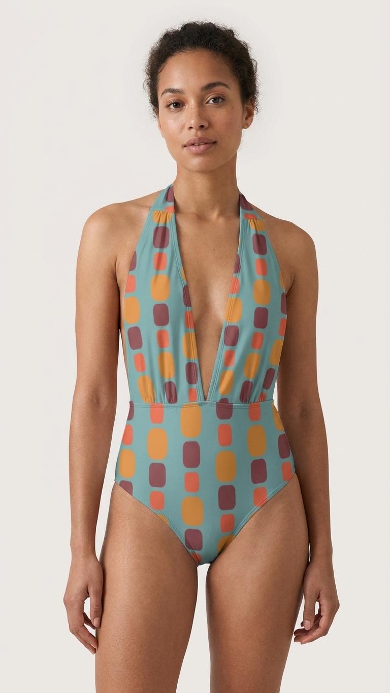Retro Monroe Mid-Century Petrol Blue with Vintage 1970s Colours - Halter Plunge One-Piece Swimsuit