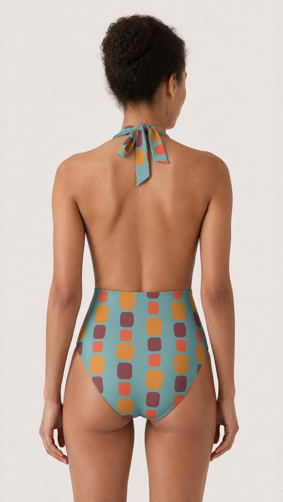 Retro Monroe Mid-Century Petrol Blue with Vintage 1970s Colours - Halter Plunge One-Piece Swimsuit