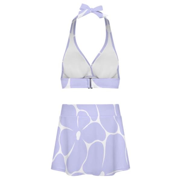 Violet Vintage Mid-Century Mod Flowers Retro Halter Tankini Skort Swim Set -Integrated Bottoms