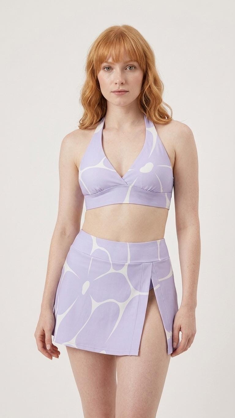 Violet Vintage Mid-Century Mod Flowers Retro Halter Tankini Skort Swim Set -Integrated Bottoms
