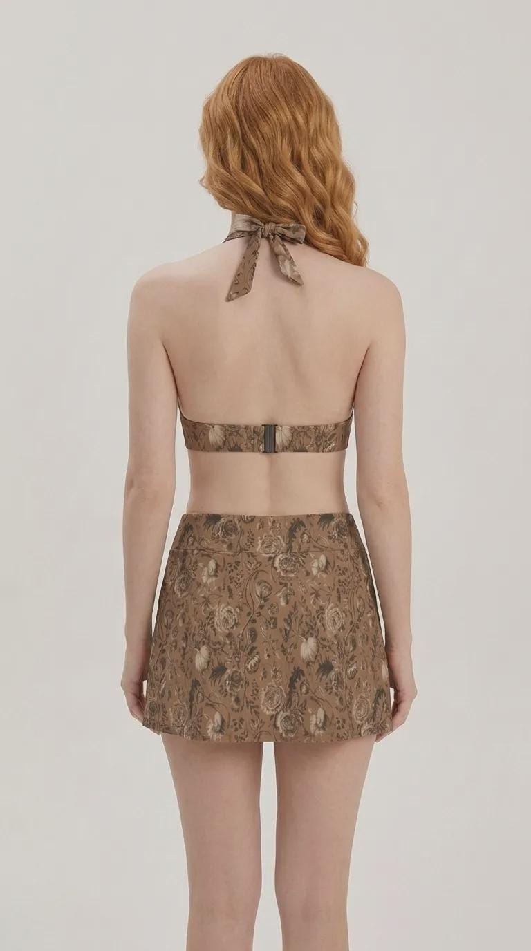 Brown Vintage Florals - Retro Halter Tankini Skort Swim Set - Integrated Bottoms