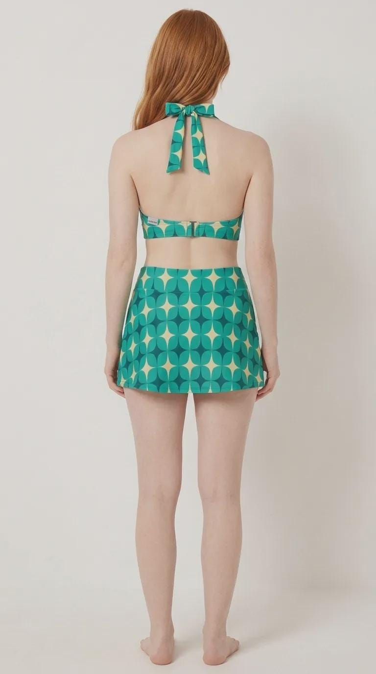 Teal Vintage Mid-Century Mod Flowers Retro Halter Tankini Skort Swim Set -Integrated Bottoms