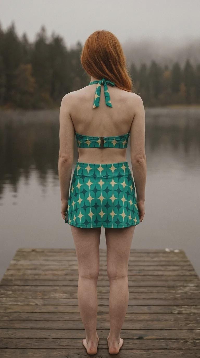Teal Vintage Mid-Century Mod Flowers Retro Halter Tankini Skort Swim Set -Integrated Bottoms