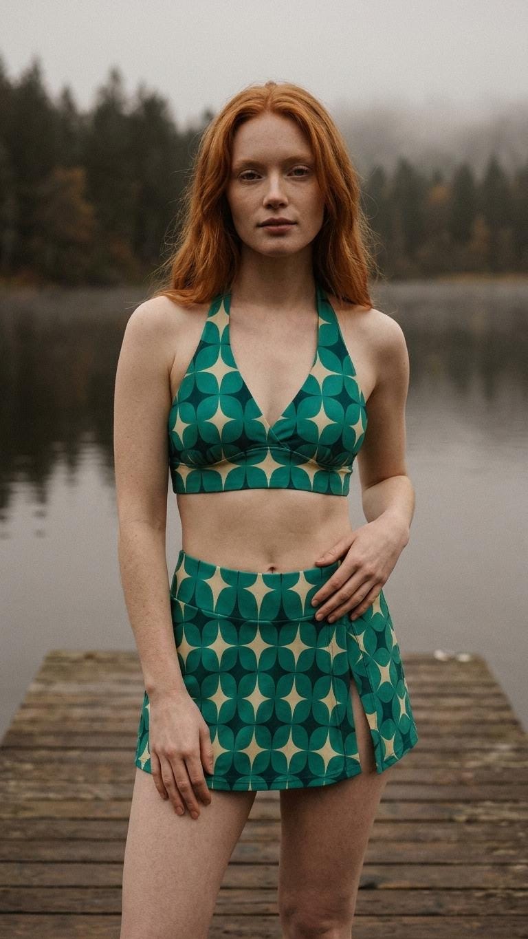 Teal Vintage Mid-Century Mod Flowers Retro Halter Tankini Skort Swim Set -Integrated Bottoms