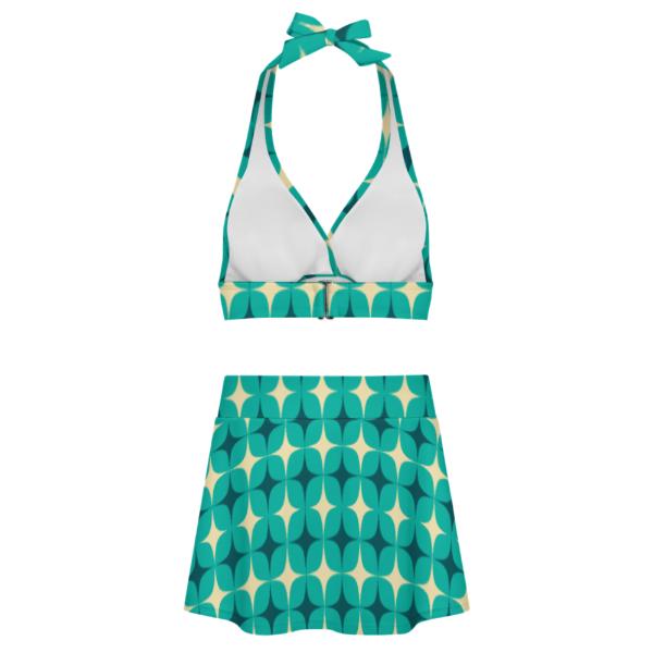 Teal Vintage Mid-Century Mod Flowers Retro Halter Tankini Skort Swim Set -Integrated Bottoms