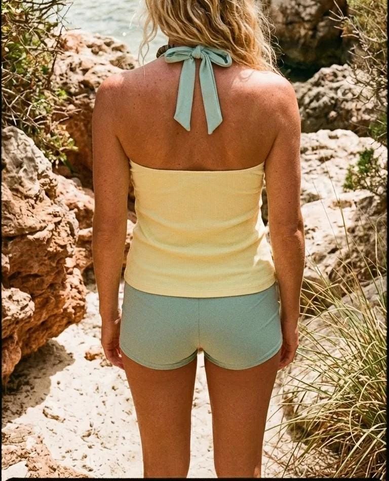 Halter Tankini Boyshorts Swimwear Set | Two-Piece Flattering Swimsuit | Buttermilk and Powder Blue