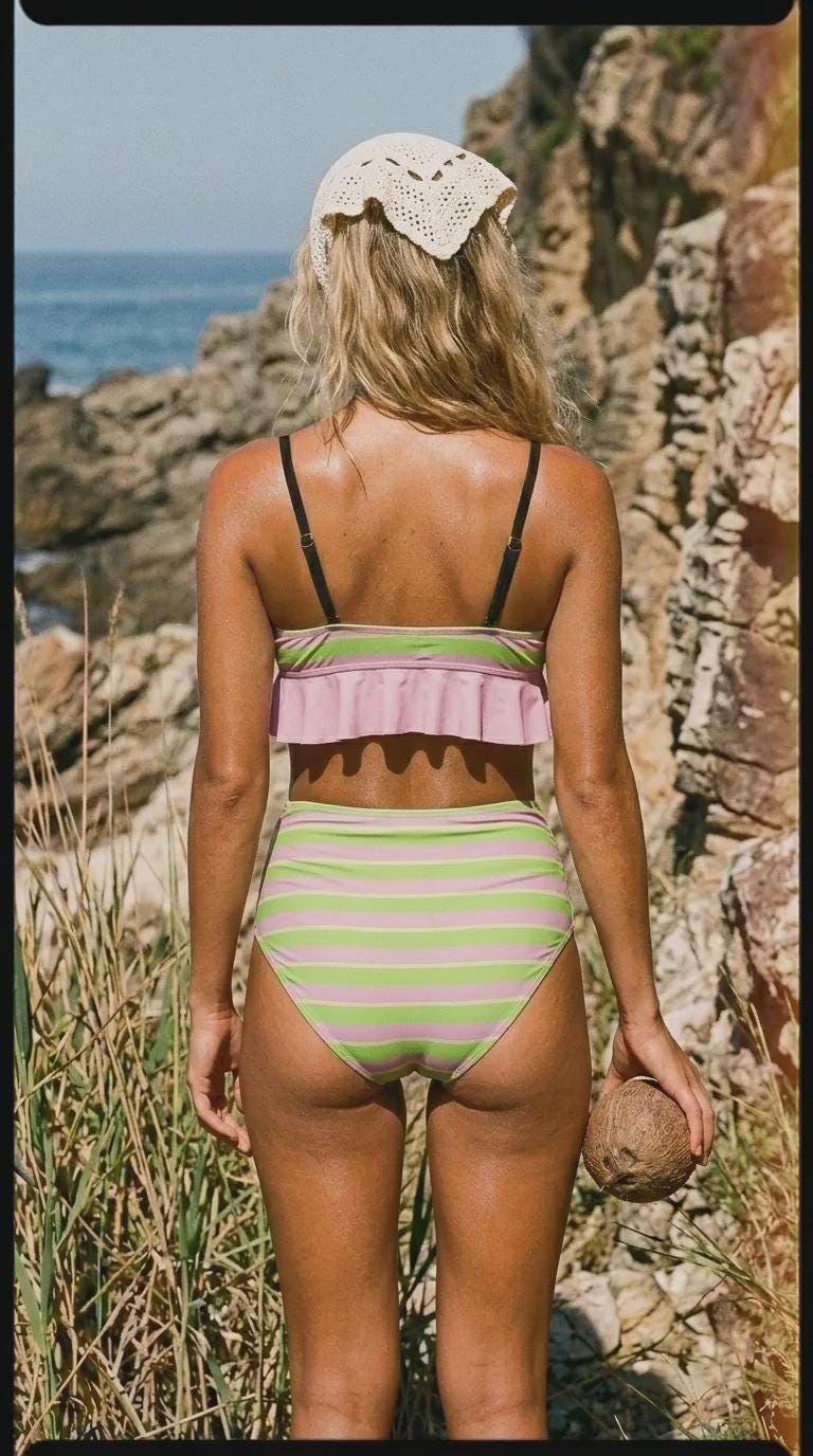 Pink and Green Brown Ruffle Hem Bikini Swimsuit | High Waisted Ruched Two-Piece Retro Swimwear