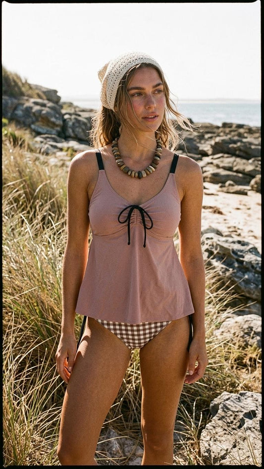 Rose and Brown Gingham Adjustable Drawstring Tankini Swim Dress | Split Two-Piece Retro Swimsuit