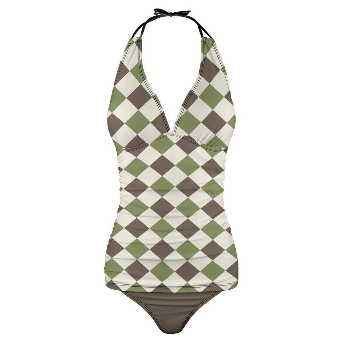 Retro Chic Classic Active Split Surf Tankini Swimsuit - Earthy Harlequin