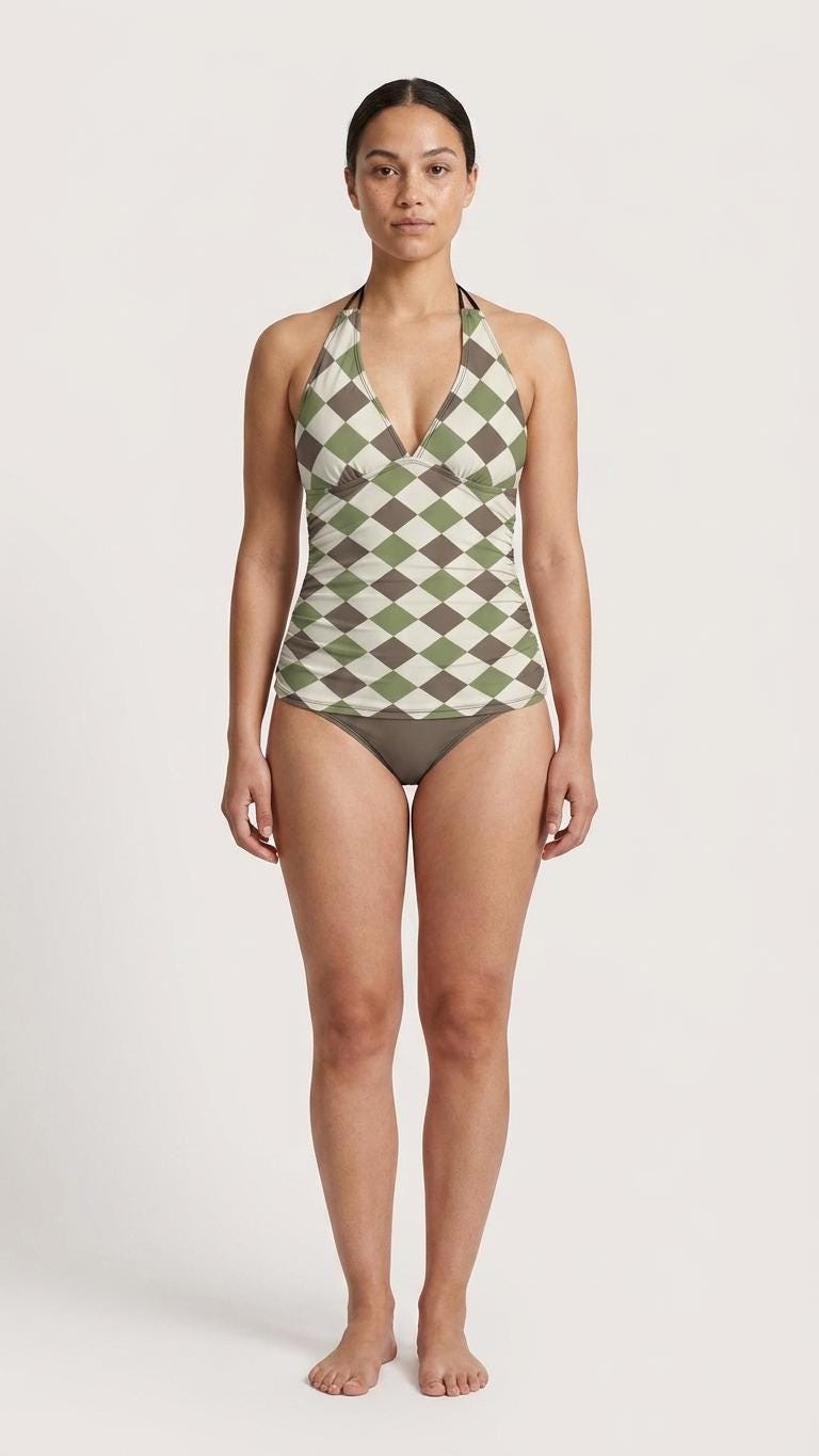Retro Chic Classic Active Split Surf Tankini Swimsuit - Earthy Harlequin