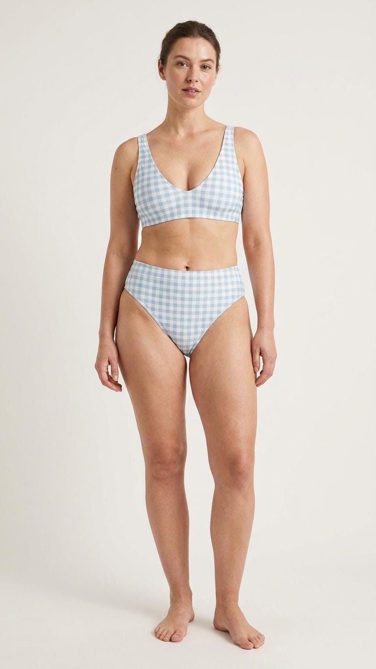 Powder Blue Gingham Bikini – High-Waisted Recycled Swimwear with Pink Lining