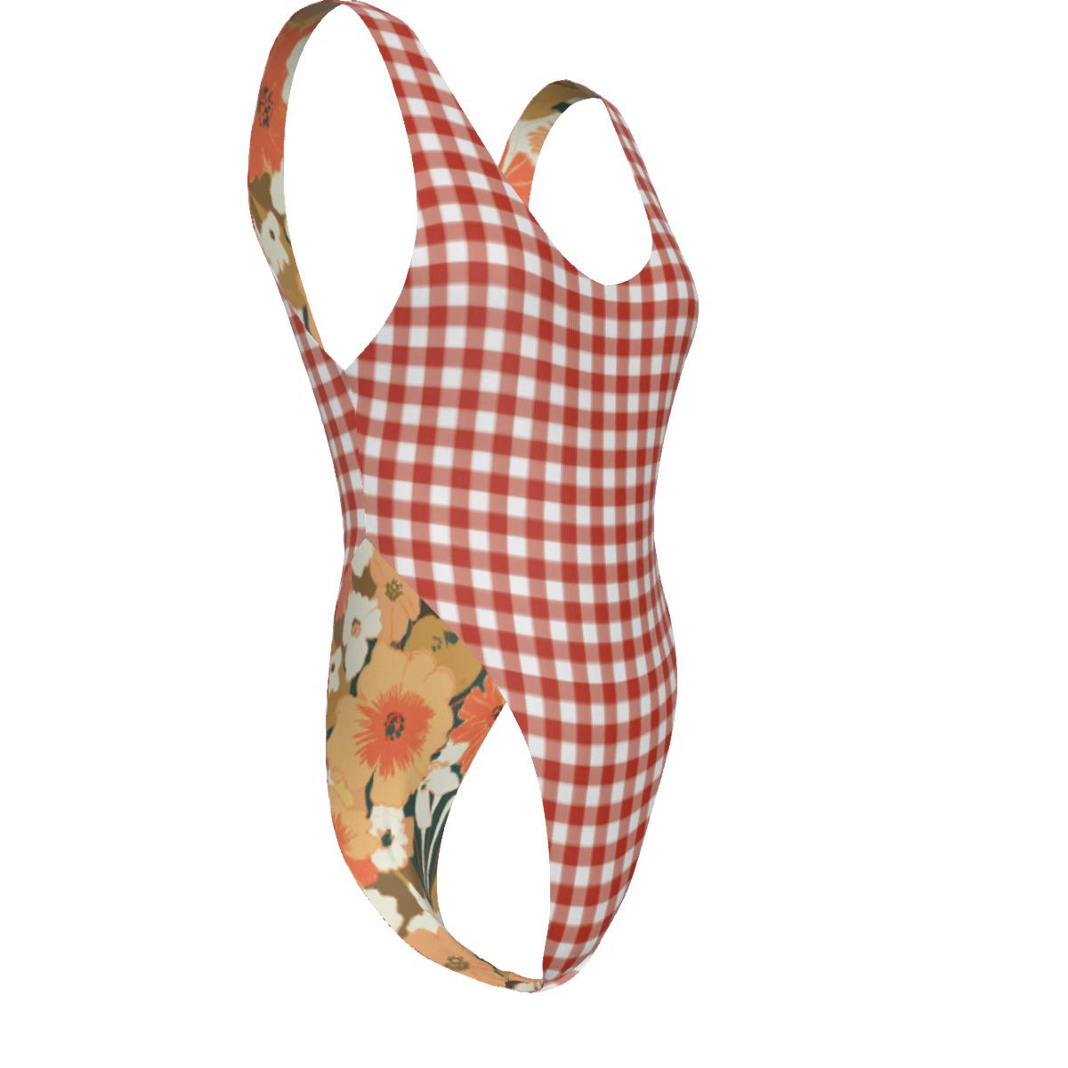 Gingham One-Piece Swimsuit – Cheeky High-Leg, Flattering Cut – Red