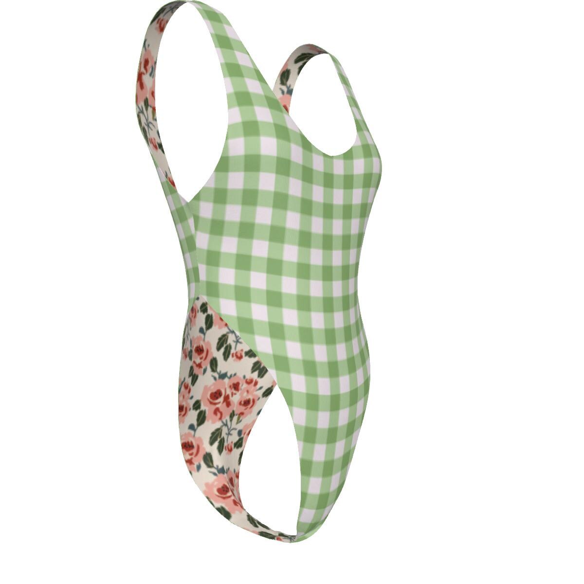 Gingham One-Piece Swimsuit – Cheeky High-Leg, Flattering Cut – Green