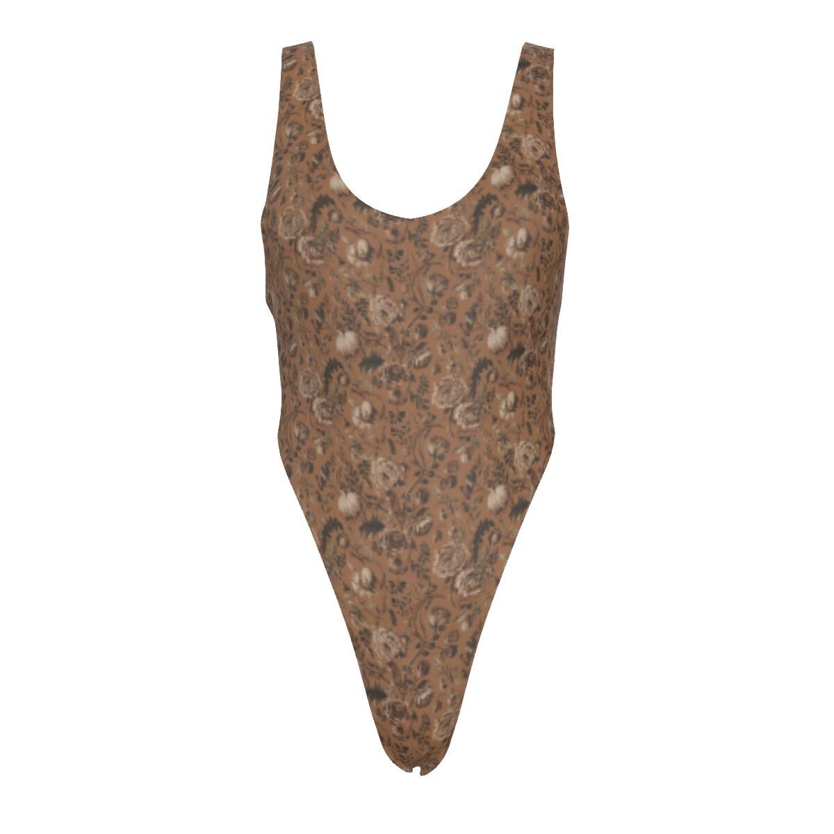 Classic One-Piece Swimsuit – Cheeky High-Leg, Flattering Cut – Retro Brown Florals