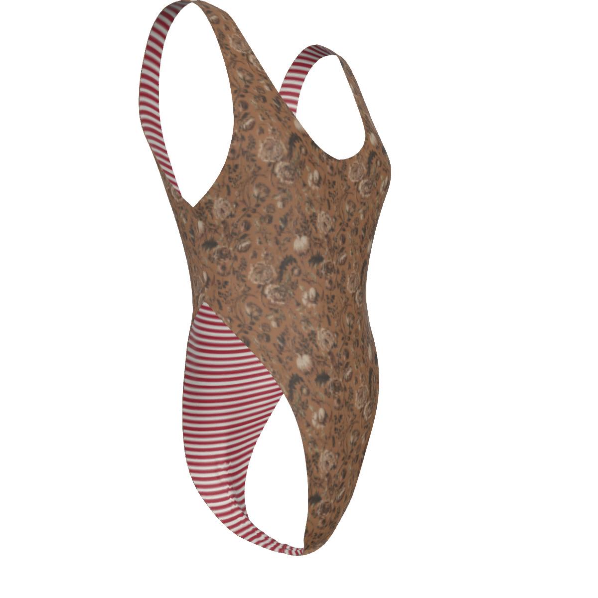 Classic One-Piece Swimsuit – Cheeky High-Leg, Flattering Cut – Retro Brown Florals
