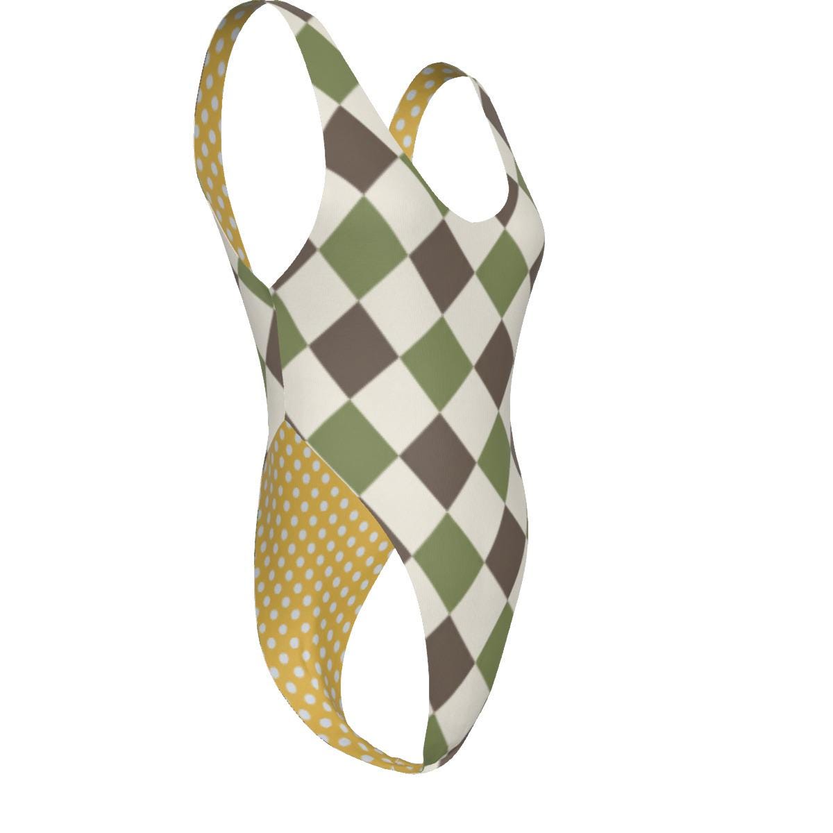 Classic One-Piece Swimsuit – Cheeky High-Leg, Flattering Cut – Retro Harlequin in Green & Brown