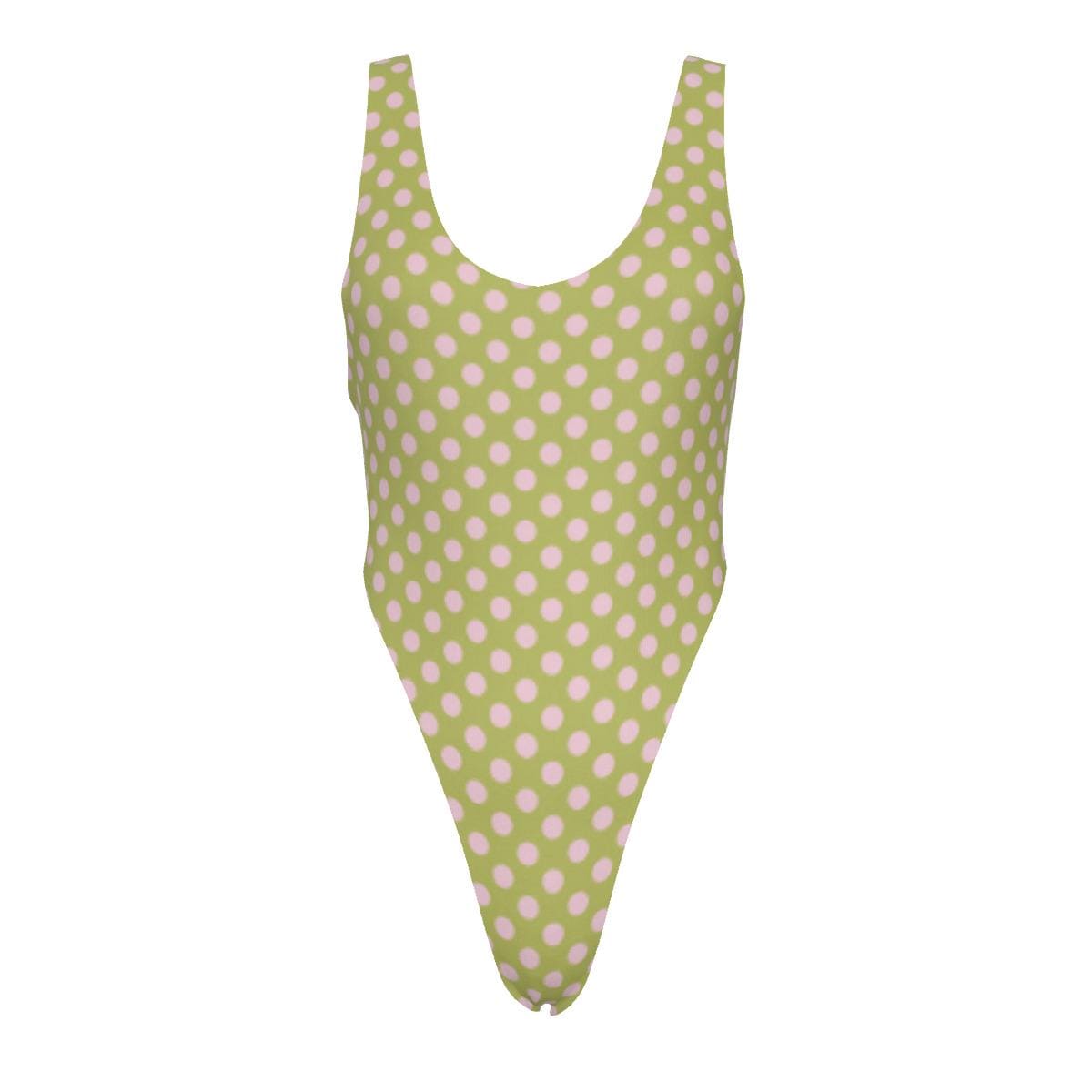 Polka Dot One-Piece Swimsuit – Cheeky High-Leg, Flattering Cut – Green with Pale Pink