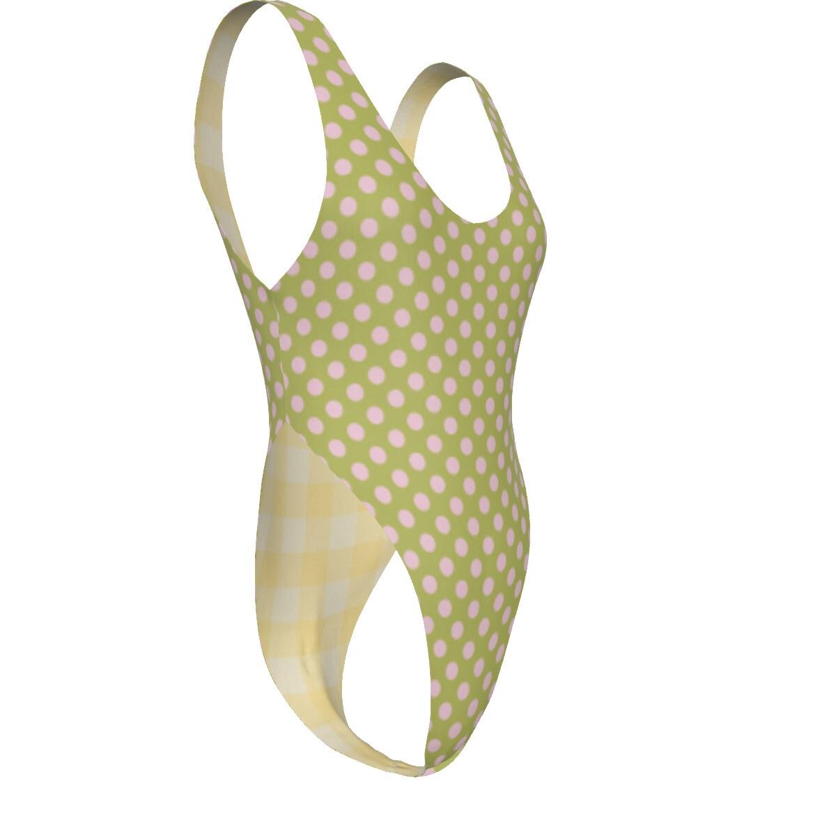 Polka Dot One-Piece Swimsuit – Cheeky High-Leg, Flattering Cut – Green with Pale Pink