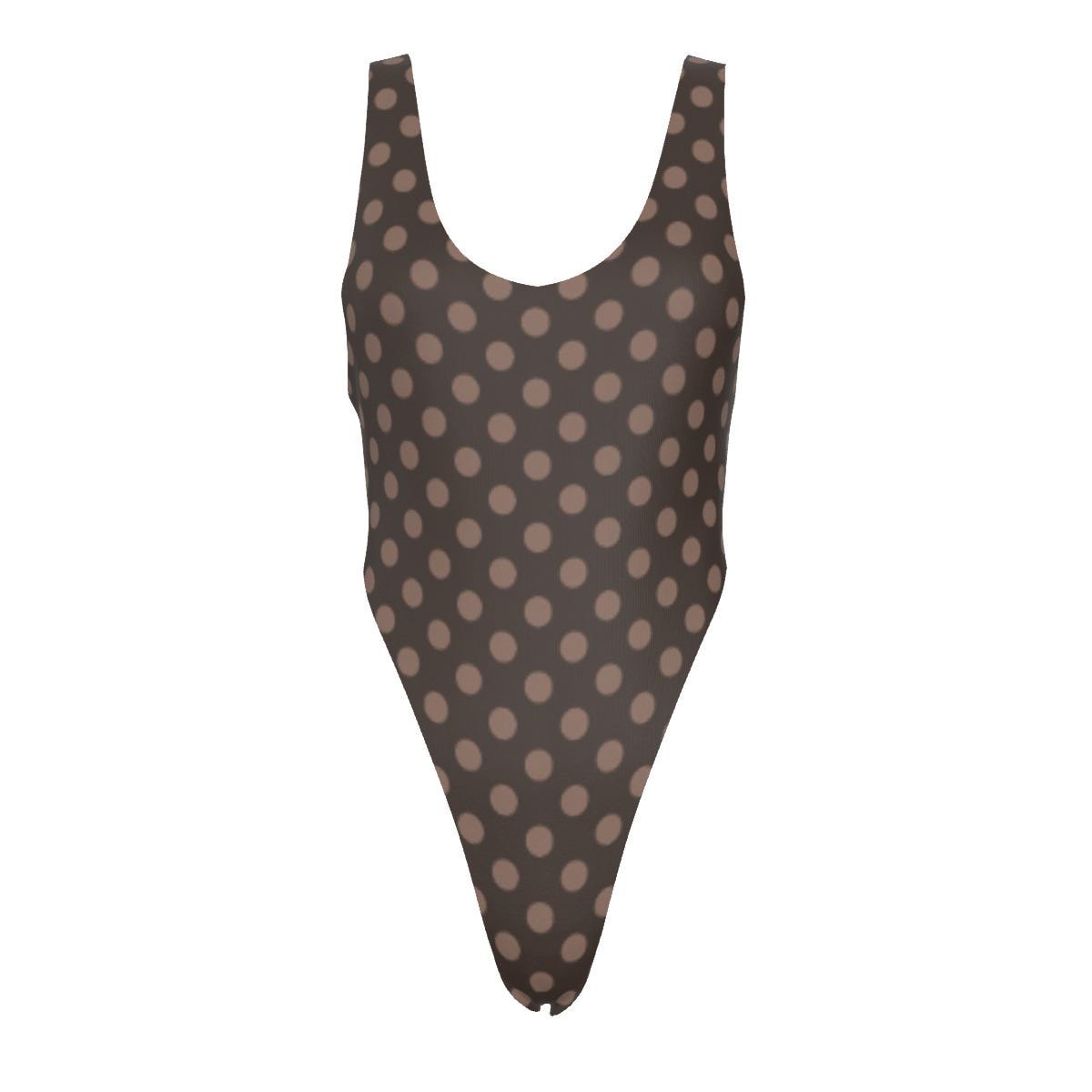 Polka Dot One-Piece Swimsuit – Cheeky High-Leg, Flattering Cut – Brown