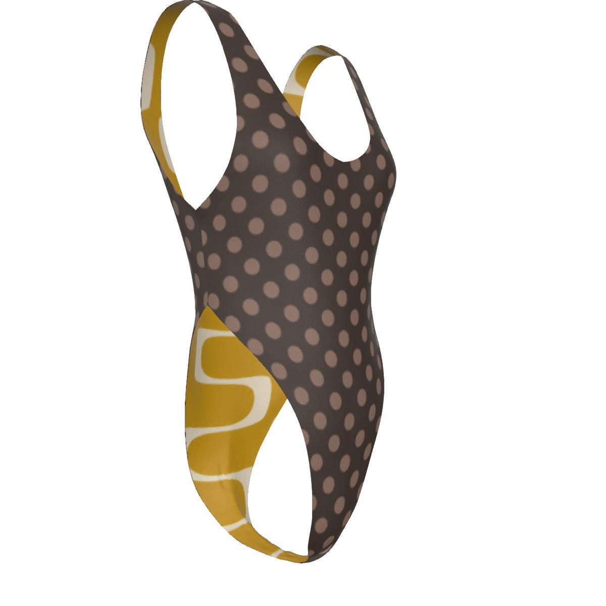 Polka Dot One-Piece Swimsuit – Cheeky High-Leg, Flattering Cut – Brown