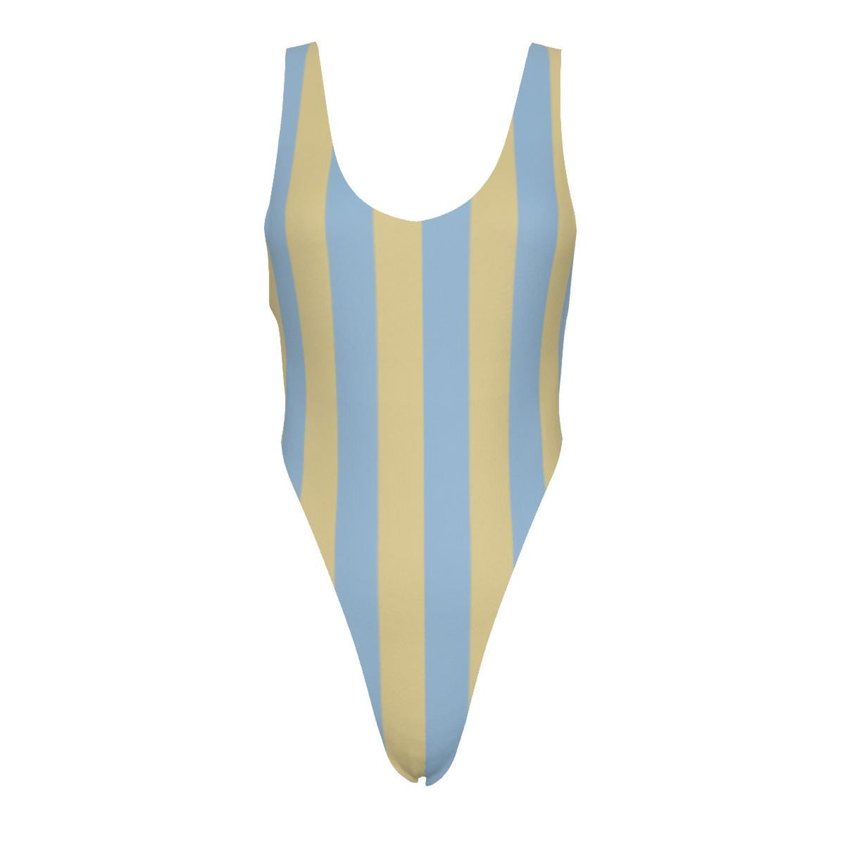 Striped One-Piece Swimsuit – Cheeky High-Leg, Flattering Cut – Blue & Butter Yellow