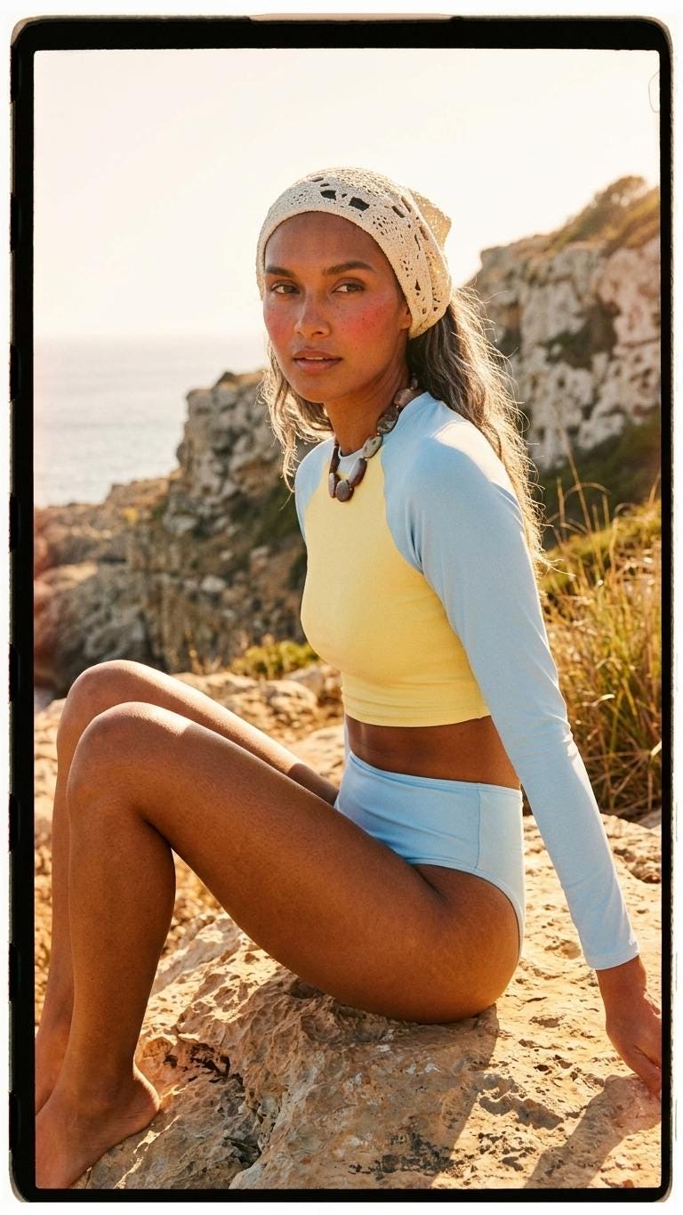 Retro Raglan Crop Top Bikini, High Waist Swimsuit, 70s Style, Vanilla and Blue